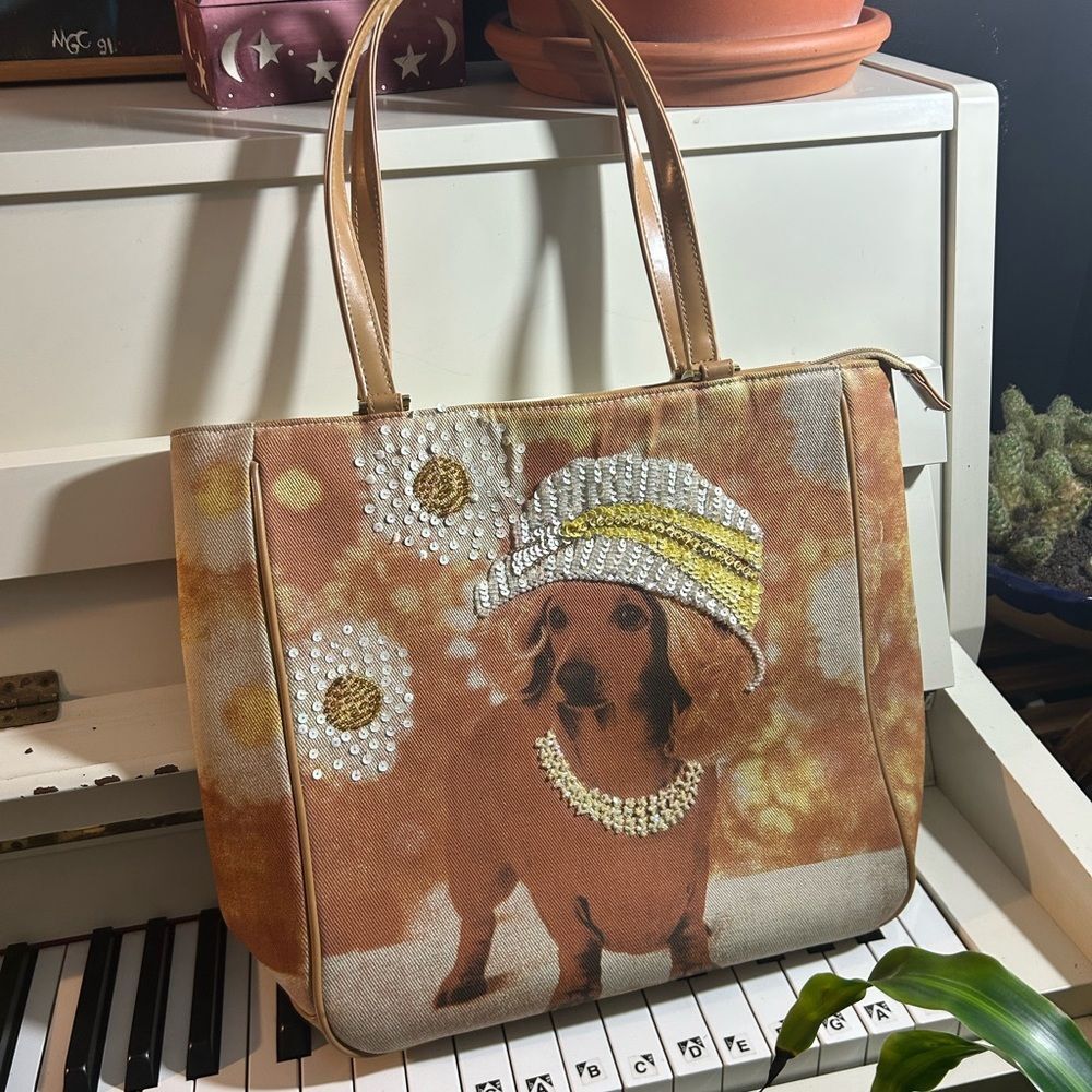 Braciano Y2K Tan and Cream Dachshund Shoulder Bag Sequined